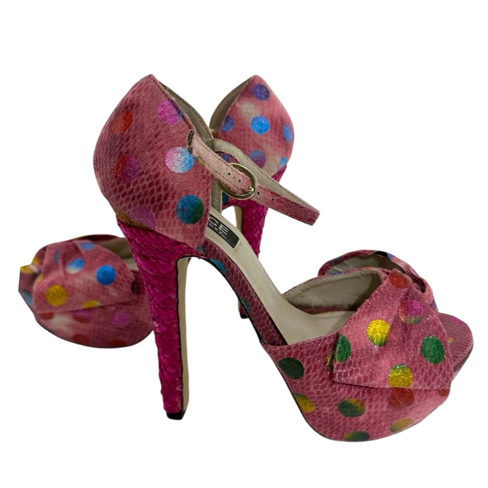 Dolce by Mojo Moxy Pink Polka Dot Snakeskin Bow Heels Y2K Size 7.5M SEE NOTE